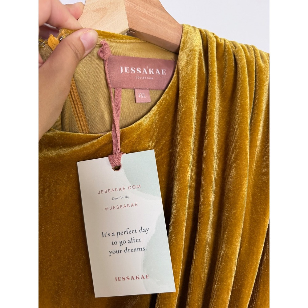Jessakae Gold Velvet Draped Mini Dress Long Sleeve Mustard Womens 1XL NEW - Picture 5 of 11